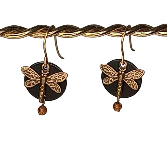 Goldtone Dragonfly Earrings On Black Disc Pierced Dangle Lightweight 1/4 Inch - Picture 5 of 7